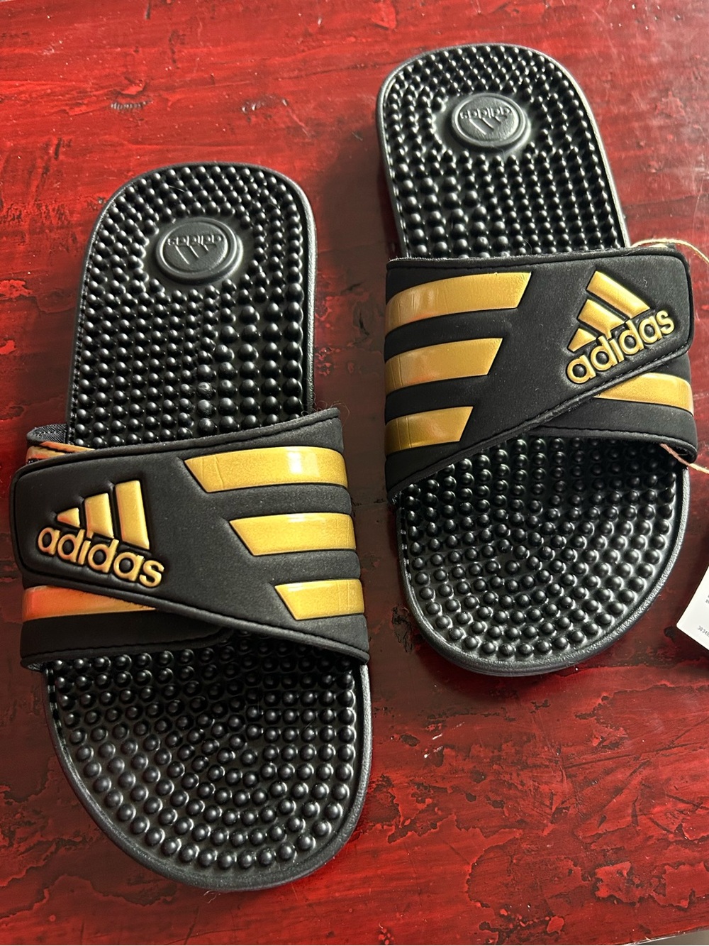 Adidas Black and Gold Adissage Slide Sandals, NEW